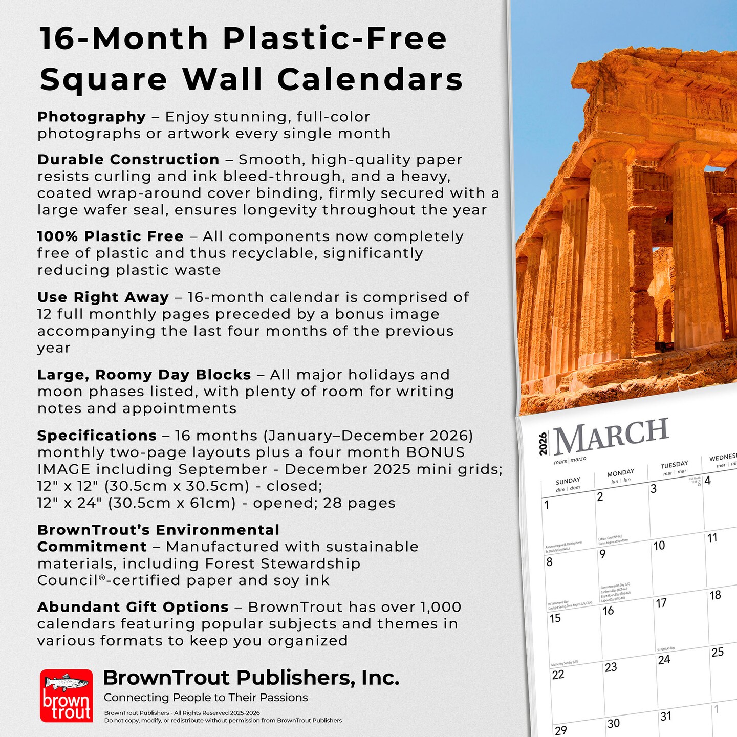 UNESCO World Heritage Sites | 2026 12 x 24 Inch (Hanging) Monthly Square Wall Calendar | Foil Stamped Cover | Plastic-Free | BrownTrout | Landmarks Conservation Historical