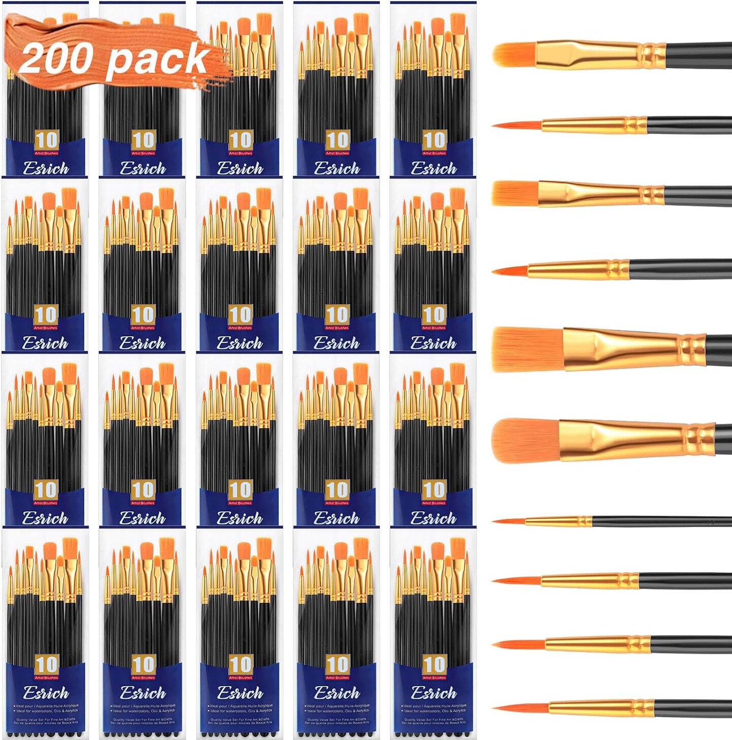 200 PCS Acrylic Paint Brushes – 20 Packs Nylon Brush Set for Kids, Adults, Face, Rock, Oil & Watercolor Painting