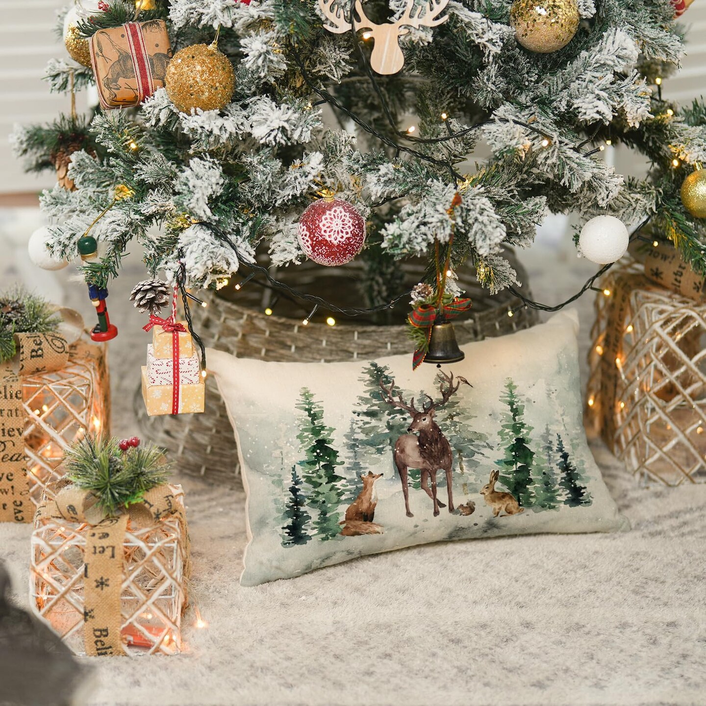 Christmas Trees Reindeer Throw Pillow Cover, 12 x 20 Inch Xmas Winter Holiday Animals Cushion Case Decoration for Sofa Couch