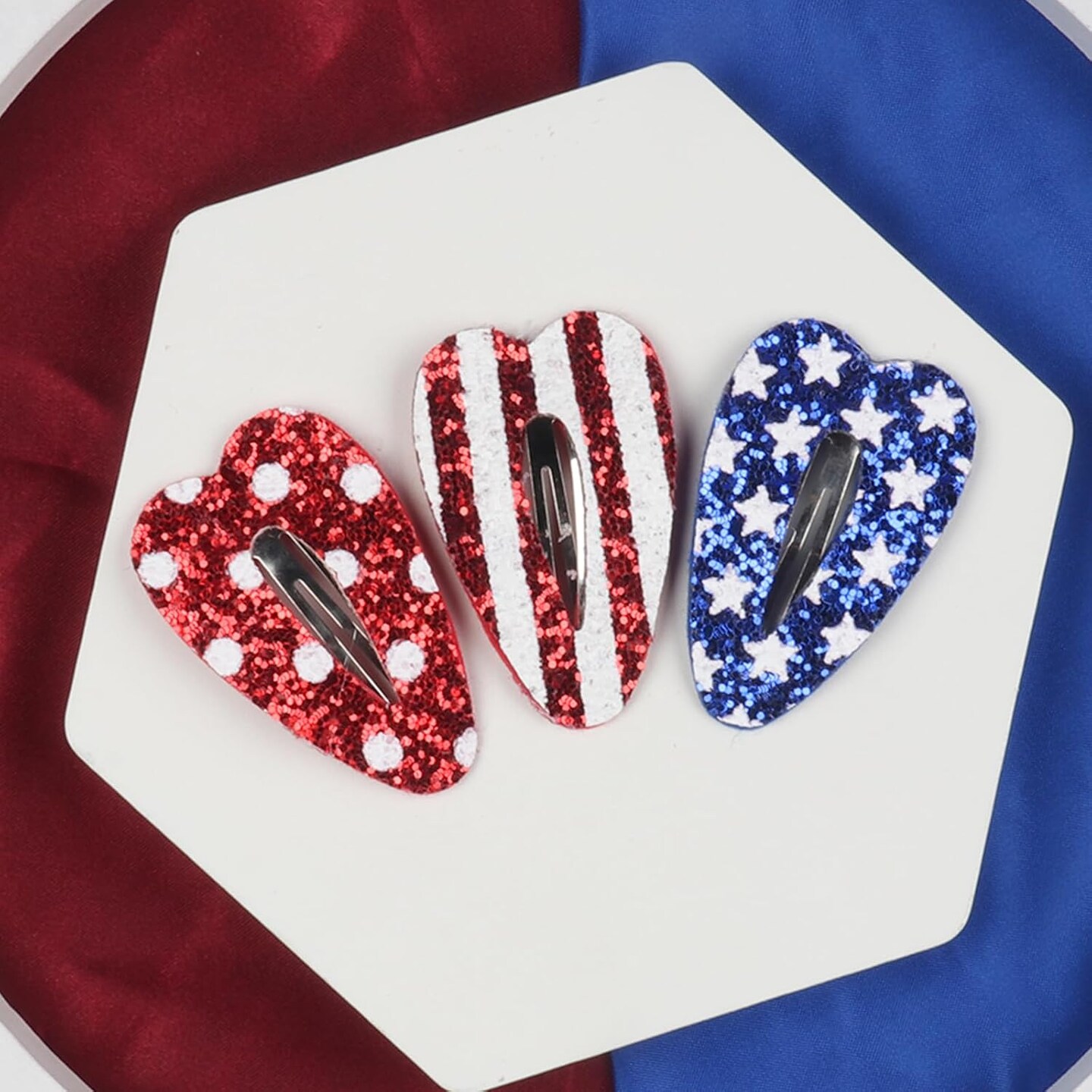 3PCS 4th of July Hair Clips Glitter Sequin Patriotic Hairpins Hair Barrettes Sparkly Red, White and Blue Snap Clips Star Stripe Independence Day Hair Grips for Memorial Themed Party