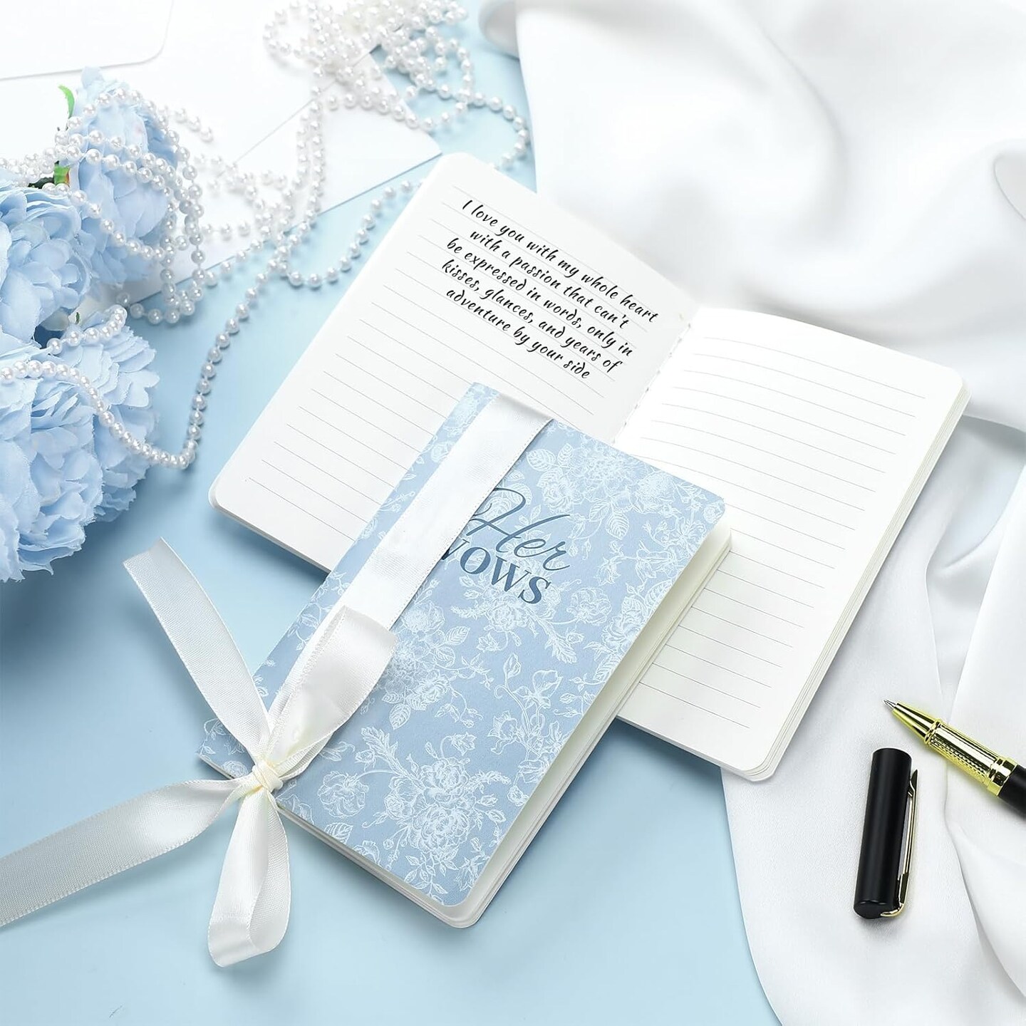 2 Pcs Wedding Vow Books with Ribbon Bow Blue Floral His and Hers Vow Books Paper Notebook for Wedding Vows Journal Officiant Book Bridal Shower Gifts Keepsake