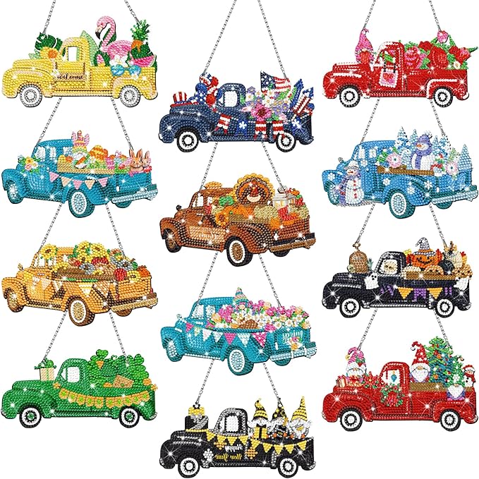 12 Pcs Holiday Truck Diamond Art Wreath Trucks Diamond Painting Hanging Signs 5d DIY Seasonal Ornaments for Summer 4th of July Independence Day Patriotic Holiday Decor