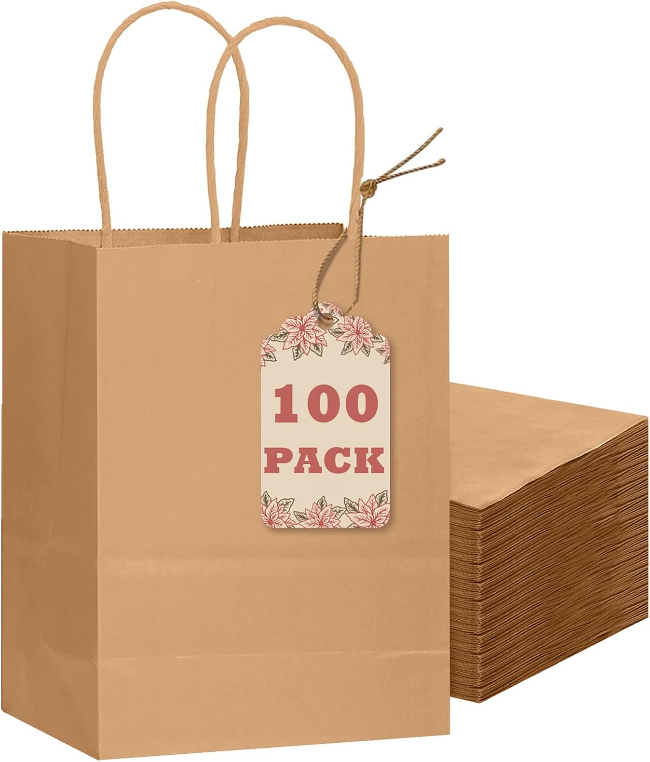 100-Packs Brown Paper Gift Bags with Handles Bulk 8.26&#x22;&#xD7;6&#x22;&#xD7;3.15&#x22; Small Size Gift Bags Multiple Uses