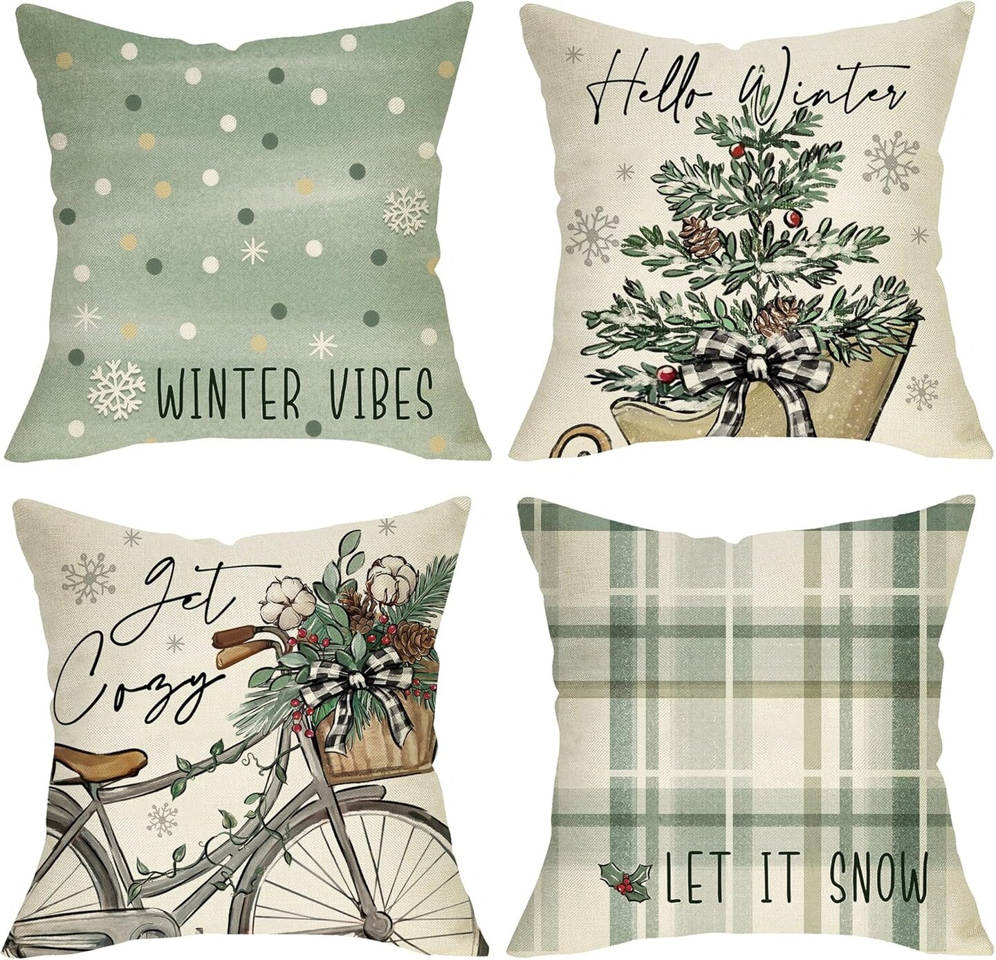 Hello Winter Vibes Green Decorative Throw Pillow Covers 18x18 Set of 4, Get Cozy Bicycle Christmas Tree Snowflakes Outdoor Home Decor, Polka Dot Plaid Xmas Holiday Farmhouse Couch Cushion Case