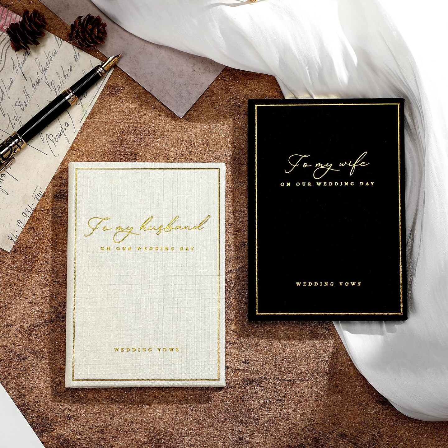 2 Pcs Vow Books to My Husband Wife Wedding Vow Book with Gold Foil Lettering Lined Page Hard Cover Vow Book Engagement Gift for Groom Newly Engaged Couple Wedding Must Have(Black-White)