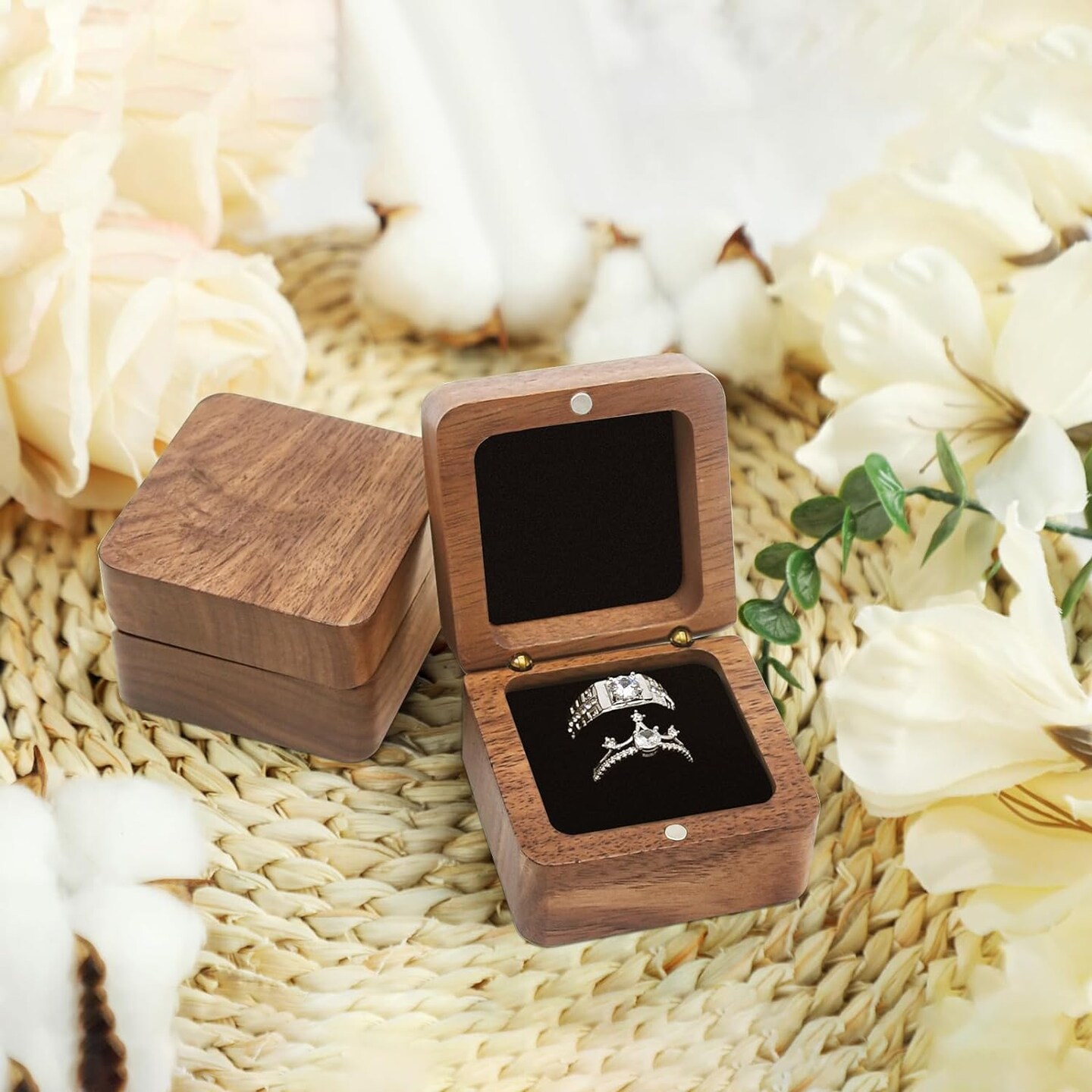 Wooden Ring Box for Wedding Ceremony 2 Slots,Small Square Solid Wood Double Ring Holder Case Box,Vintage Ring Bearer Box for Engagement Proposal,Rustic Jewelry Gift Storage Box-Black