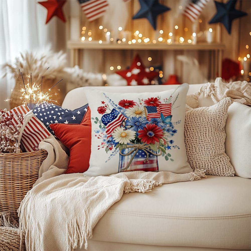 4th of July Pillow Cover 18x18 Inch Floral Mason Jar Decorations Patriotic Holiday Pillow Case Independence Memorial Day Decor for Home Sofa Couch