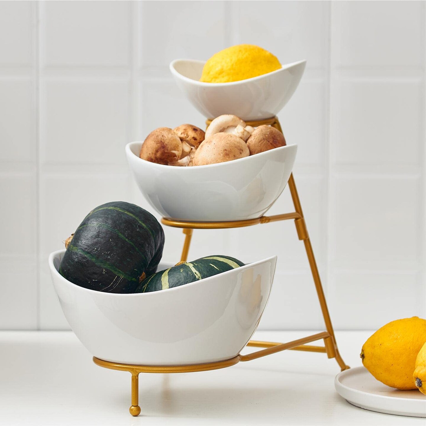 3 Tiered Oval Serving Bowl With Collapsible Metal Rack, Chip and Dip Serving Set, Dessert Appetizer, Candy, Fruit, Vegetable Bowl Set, White Serving Bowls For Entertaining(Gold Stand)