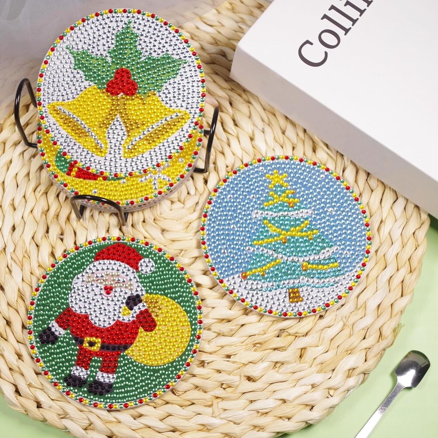 Christmas Diamond Painting Kits, 6PCS Christmas Diamond Painting Coasters with Holder, DIY Diamond Art Coasters with Stickable Cork Bases, Diamond Art Kits for Adults