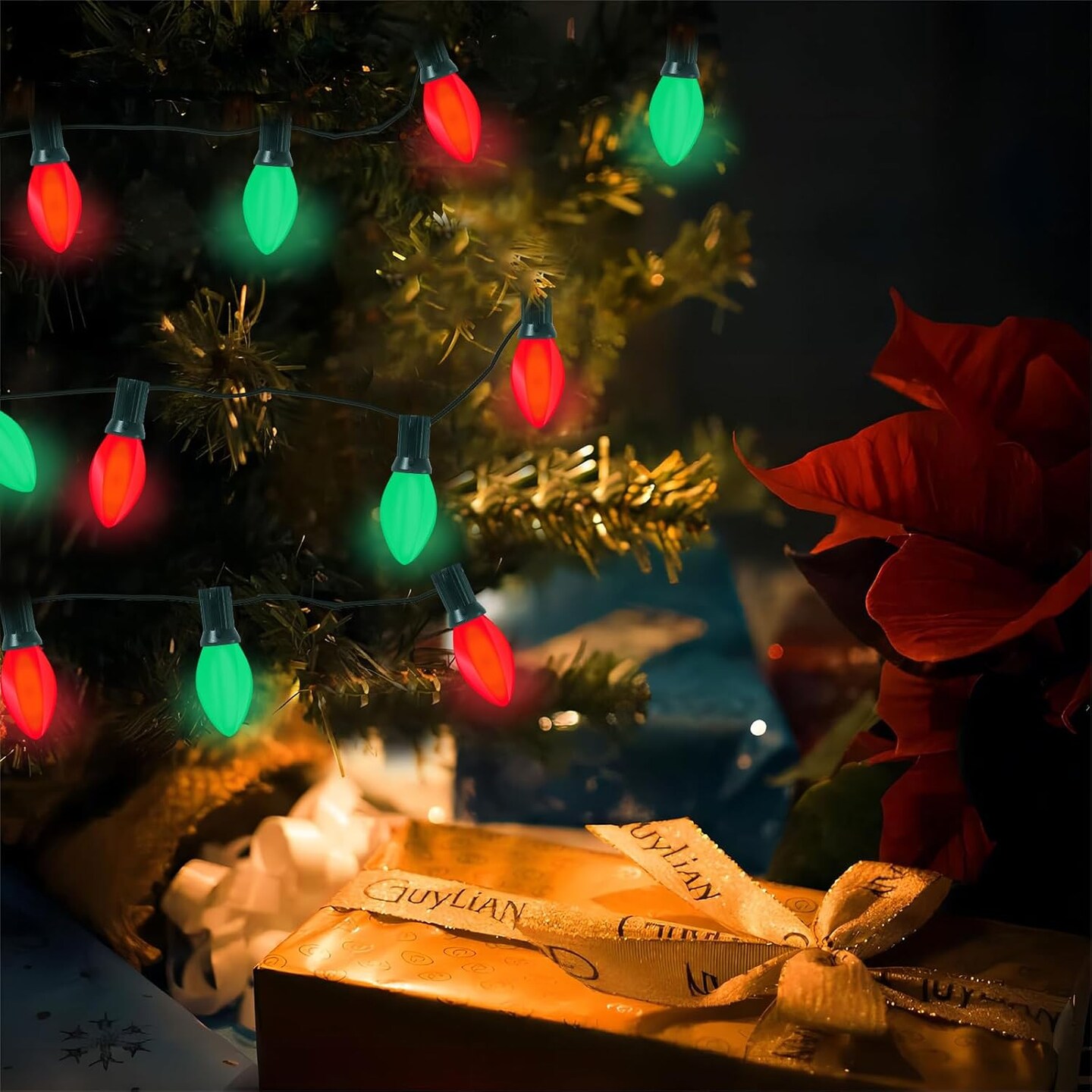 25Ft C7 LED Christmas Lights, Outdoor Christmas String Lights with C7 LED Red and Green Bulbs, Commercial Hanging Vintage Christmas Lights