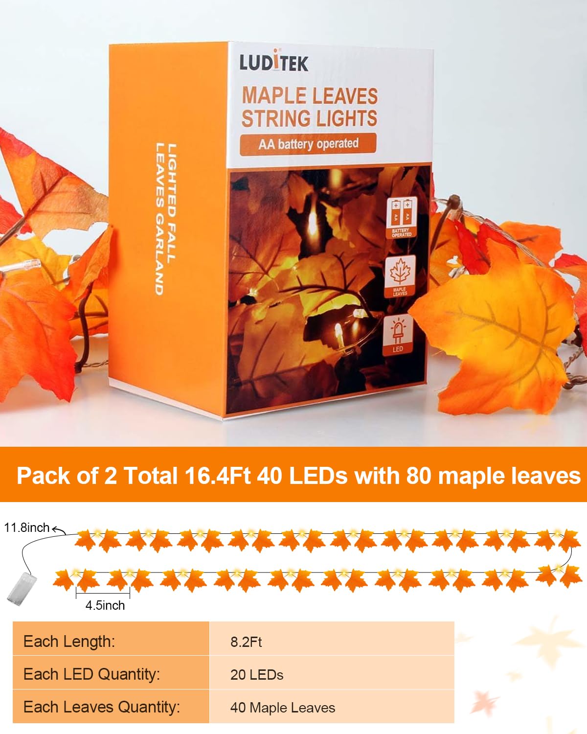 Fall Decor [2 Pack] Lighted Fall Garland, Total 16.4ft 40 LED Thanksgiving Decorations Halloween String Lights, Friendsgiving Gift Thanksgiving Decor for Home Holiday Autumn Garland Indoor
