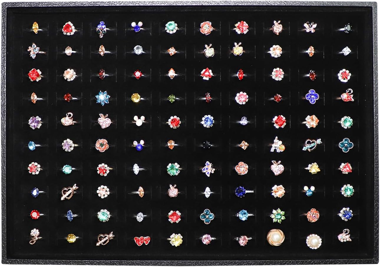 Ring Holder Organizer Tray – 100 Slots Black Velvet Stackable Jewelry Storage Tray for Rings & Earrings, Drawer Insert Display Case for Home & Retail (Black)