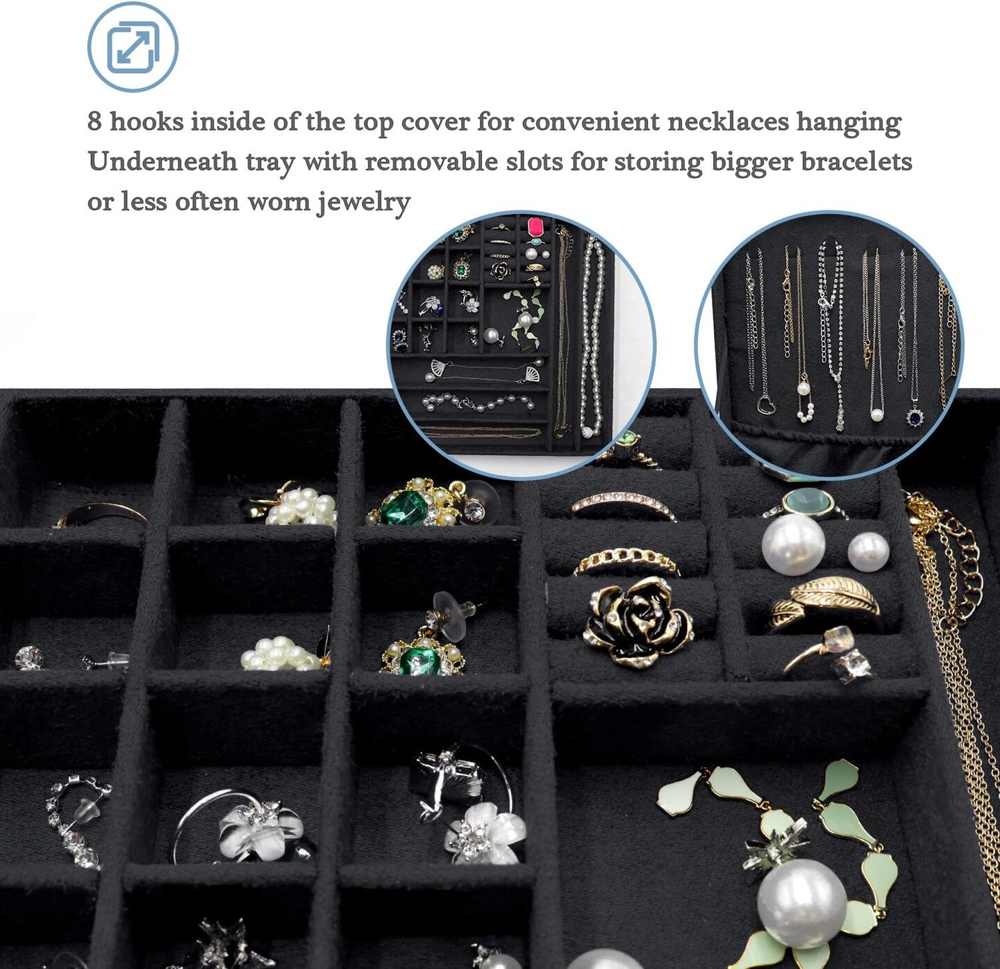 Velvet Jewelry Box Organizer for Women, 2 Layer Jewelry Display Storage Holder Case for Necklace Earrings Bracelets Rings -Black