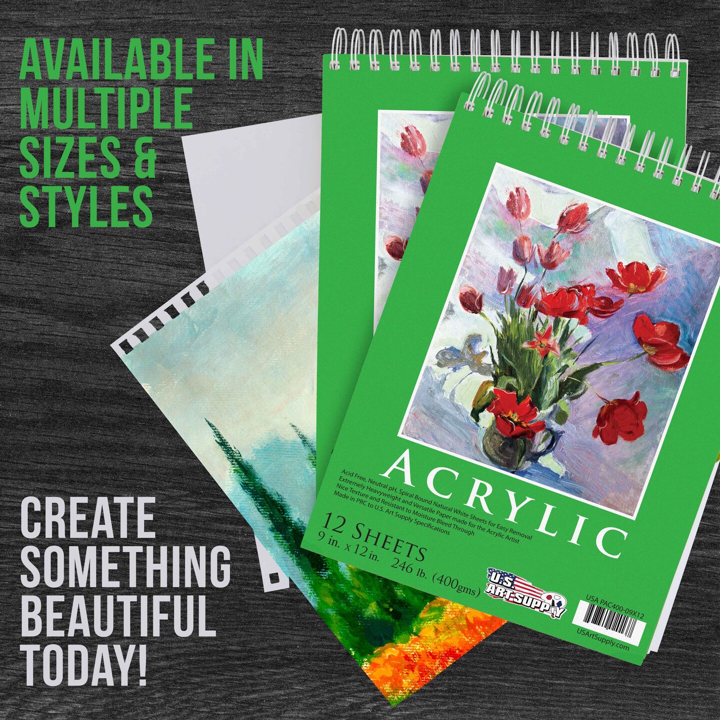 9x12&#x22; Premium Heavy-Weight Acrylic Painting Paper Pad, 246lb (400gsm), 2 Pack, 12 Sheets, Spiral Bound, for Acrylic Paint