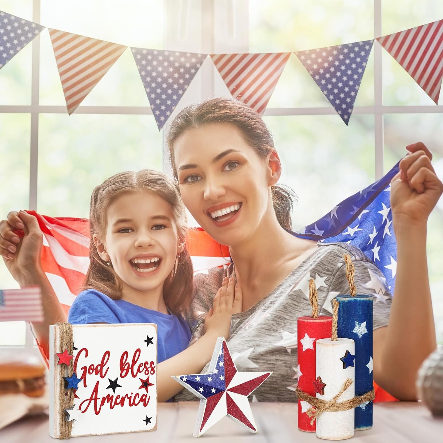 5 Pcs 4th of July Table Decorations Memorial Day Patriotic Table Centerpieces Rustic Independence Day Wood Firework Signs Tiered Tray Decor Rustic God Bless America Decor(Star)