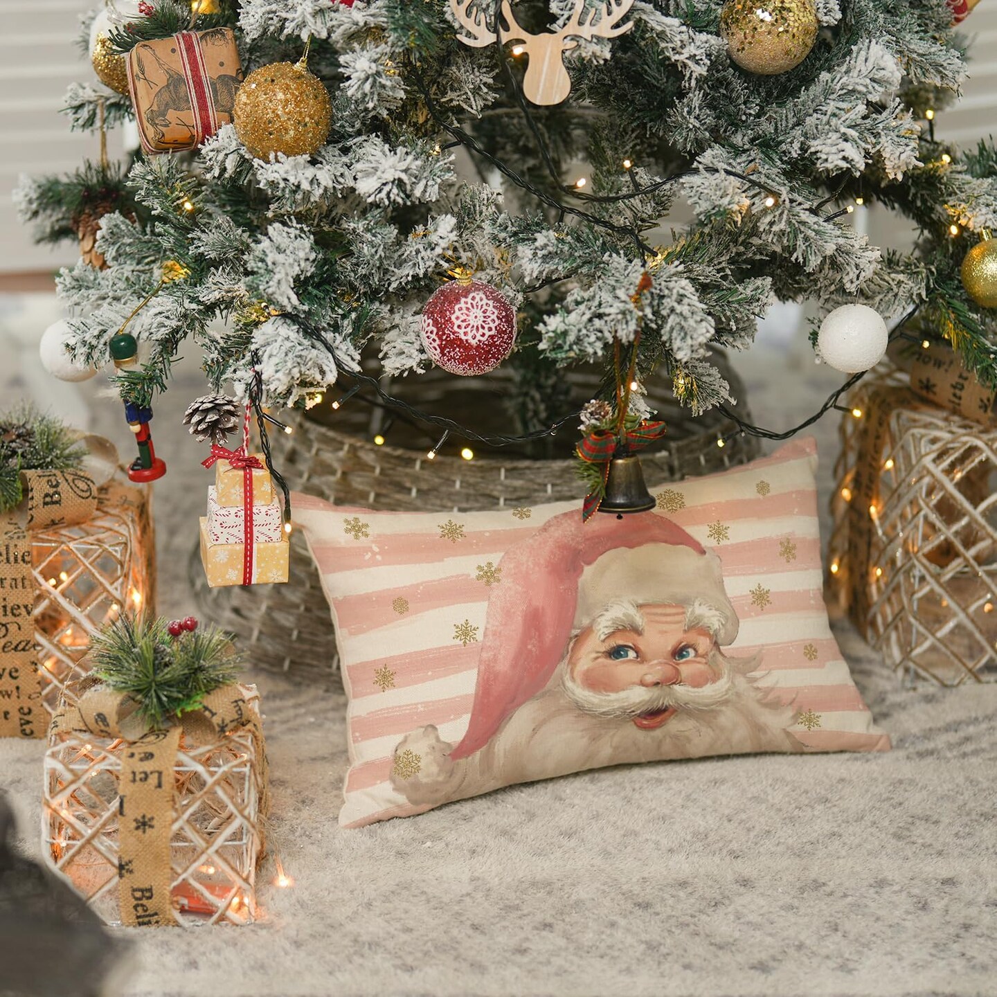 Pink Santa Claus Stripes Throw Pillow Cover, 12 x 20 Inch Pink Christmas Cushion Case Decoration for Sofa Couch