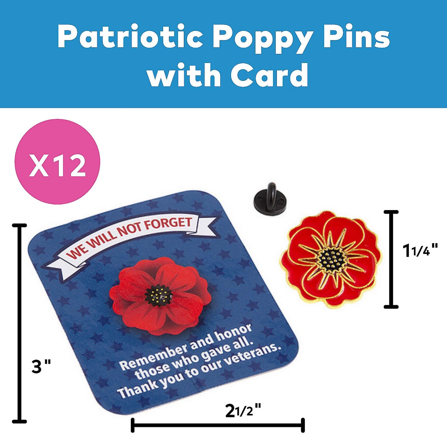 4th of July Patriotic Red Poppy Flower Metal Pins with Card 12 Pieces