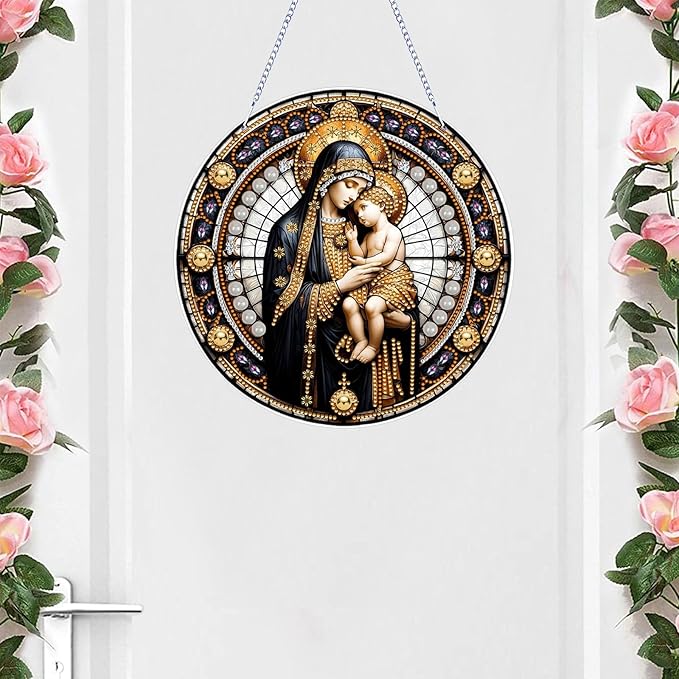 Religious Diamond Art Acrylic Hanging Kits for Adults, DIY Double Sided Special Shaped Christian Diamonds Painting Windows Pendant Ornament for Home Decor(Virgin Mary)