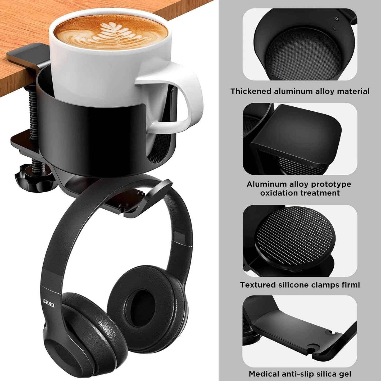 2-In-1 Desk Cup Holder Anti-spill Cup Holder 360&#xB0; Rotating Headphone Hanger Desk