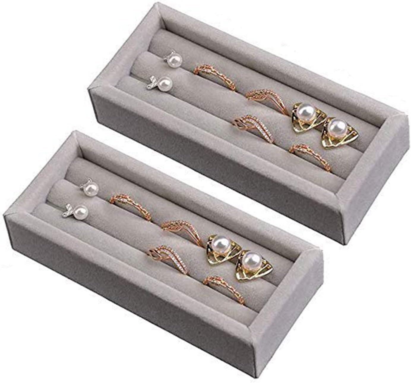 2 Slots Velvet Small Ring Organizer Set of 2 Earrings Trays Showcase Display Storage Insert Holder for Jewelry Box, Drawer, Dresser