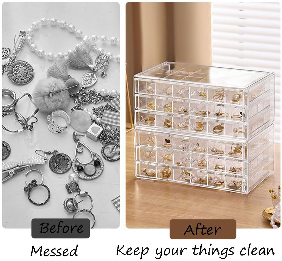 Earring Organizer Box Clear Storage Acrylic for Earrings Necklace Organizer Jewelry Box with 72 Grids Storage Compartments Transparent Ring Clear Jewelry Organizer