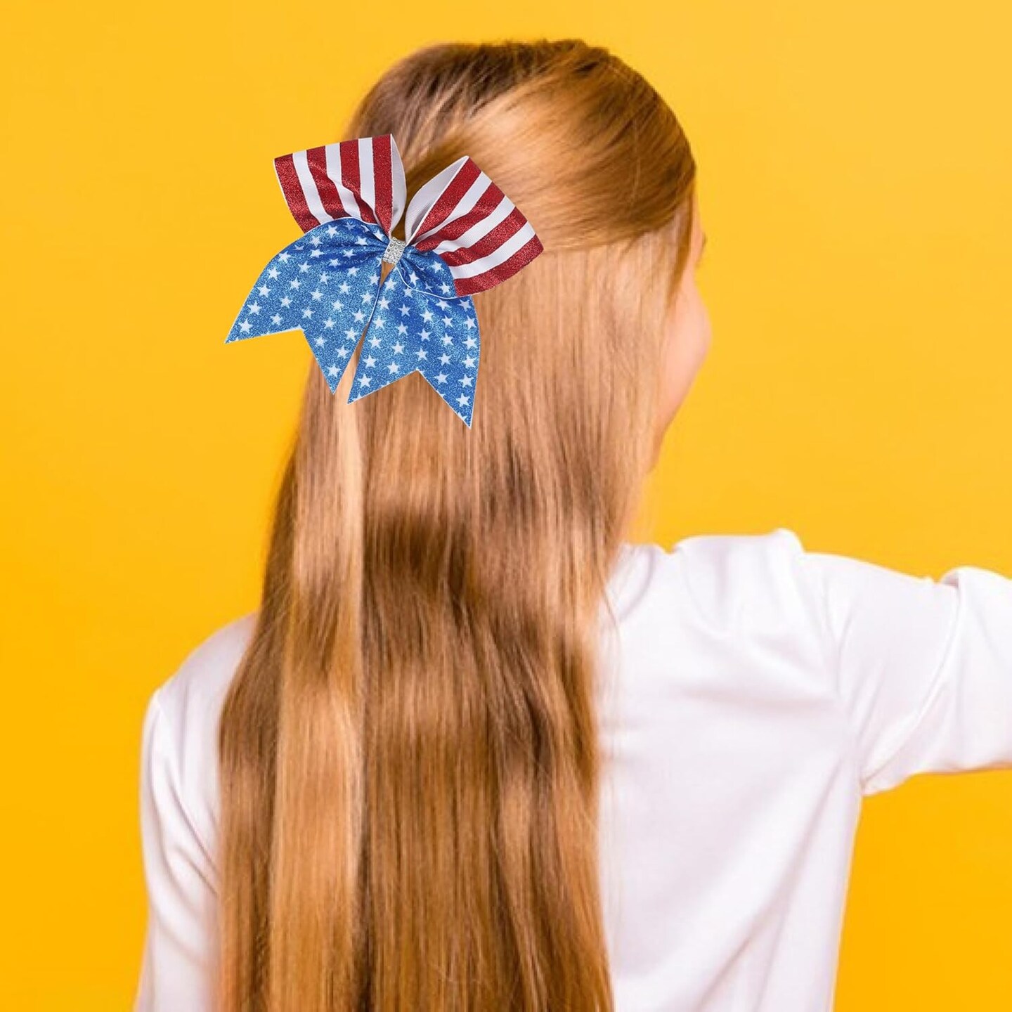 4th of July Hair Bows Big American Flag Sequin Hair Bows Patriotic Glitter Ribbon Bow Tie Red White Blue Cheer Bow Elastic Ponytail Holder Independence Day Hair Accessories for Girls USA Party Decor
