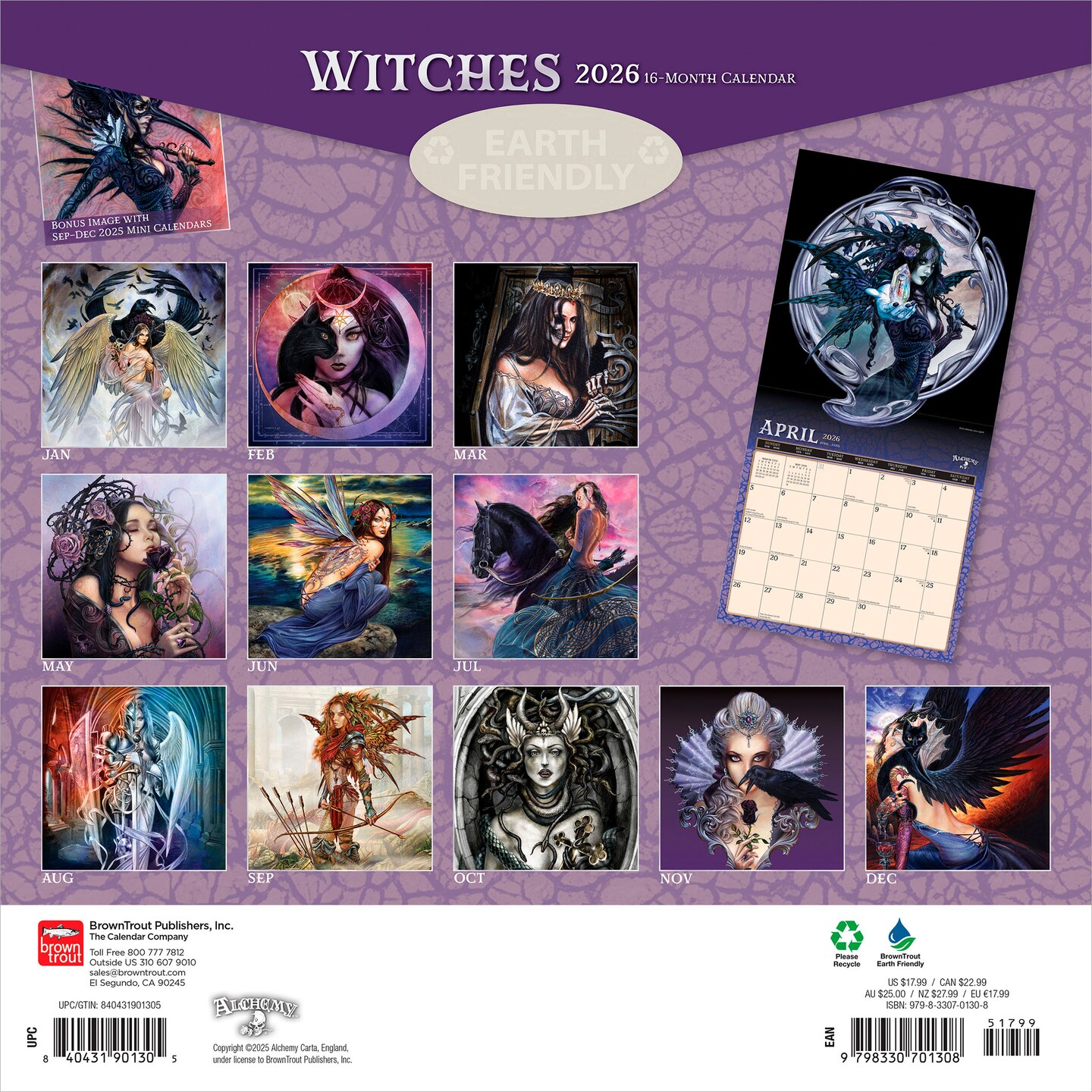 Witches Alchemy OFFICIAL | 2026 12 x 24 Inch (Hanging) Monthly Square Wall Calendar | Plastic-Free | BrownTrout | Manchester Artists Anti Jewellery Design