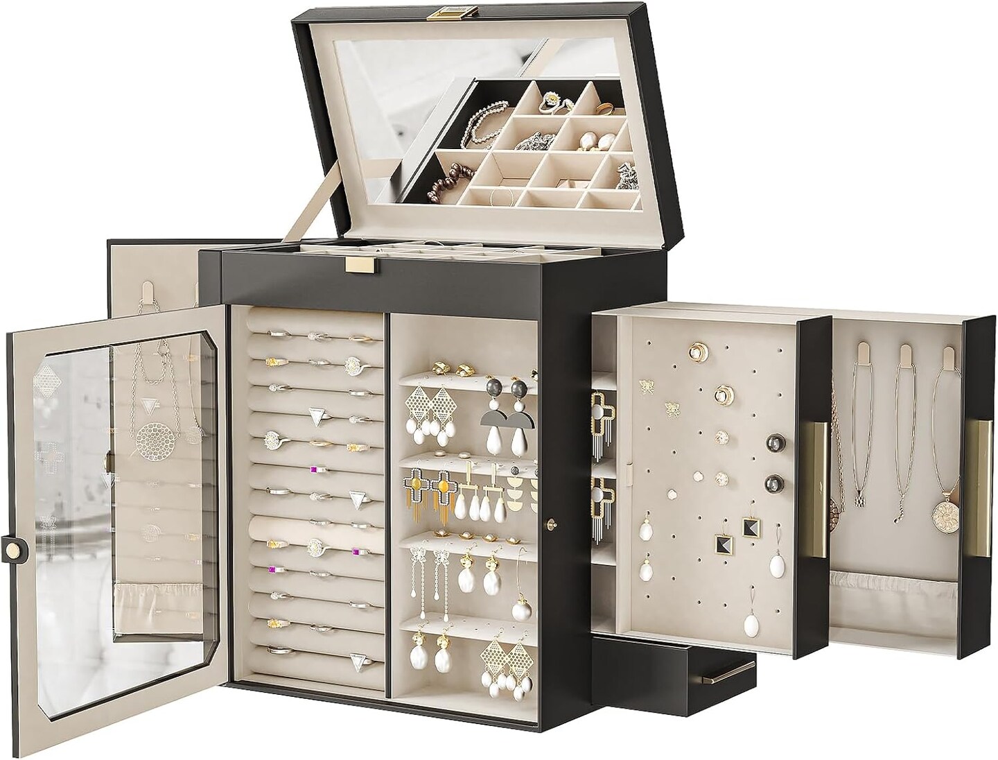 Jewelry Box with Mirror, Travel Jewelry Organizer with Glass Window, Vertical Storage, Christmas Gift, Gift for Loved Ones, for Earrings, Rings, Necklaces, Bracelets, Black BK03JB04G2