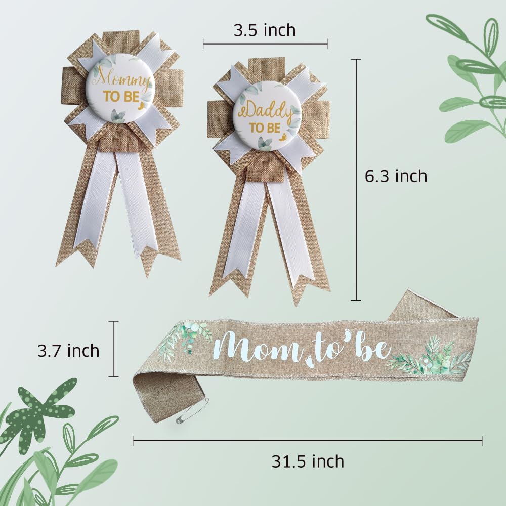 Sage Green Baby Shower Mom to Be Sash &#x26; Dad to Be Badge Set for Gender Reveals Party Decorations Mommy to Be Sash Baby Shower Photo Props Pregnant Mommy Gift