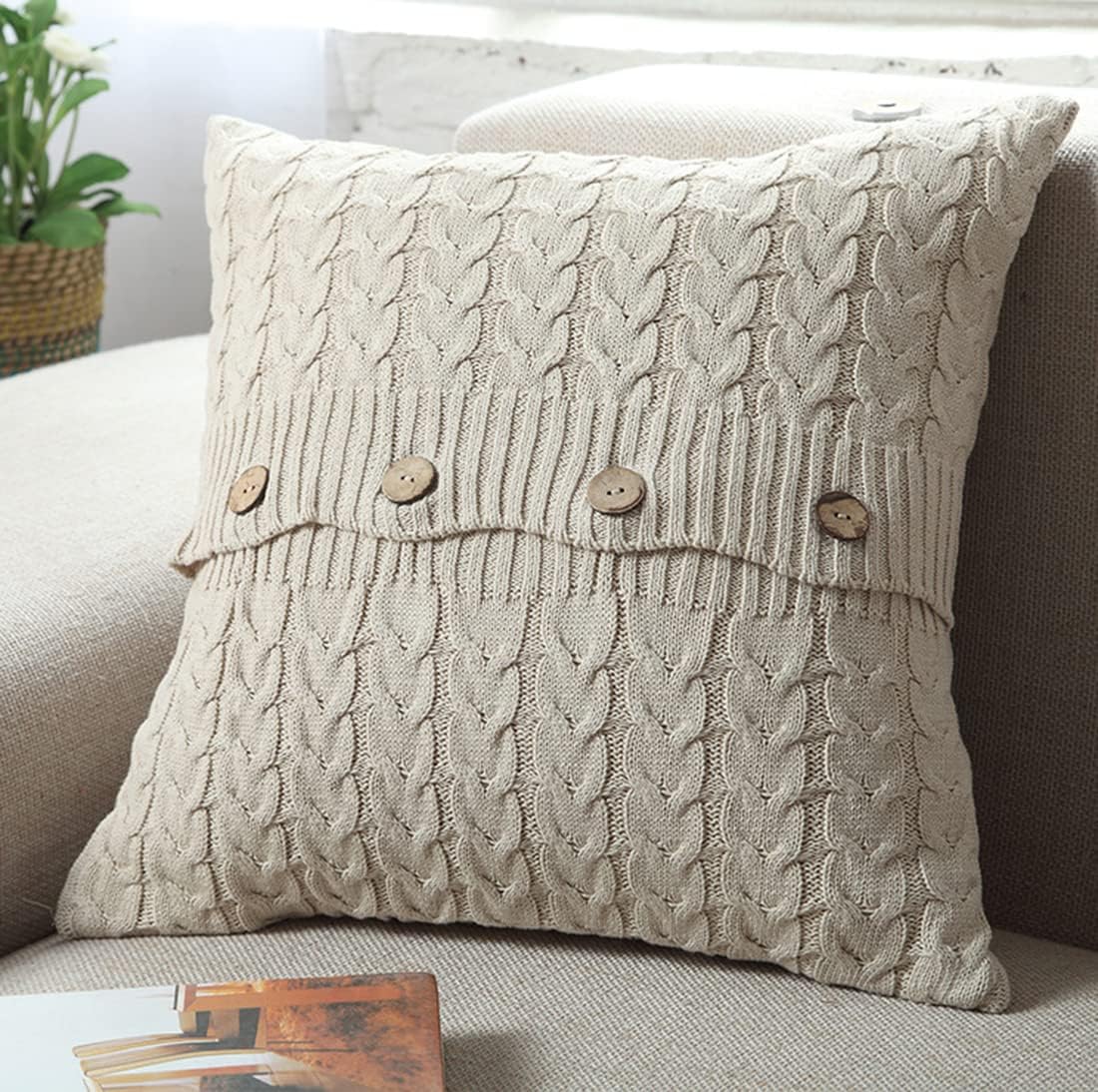 Cotton Knitted Decorative Throw Pillow Cover Sweater Square Warm Cushion Cover for Couch Bed, Home Accent Decor (Beige, 18"*18")