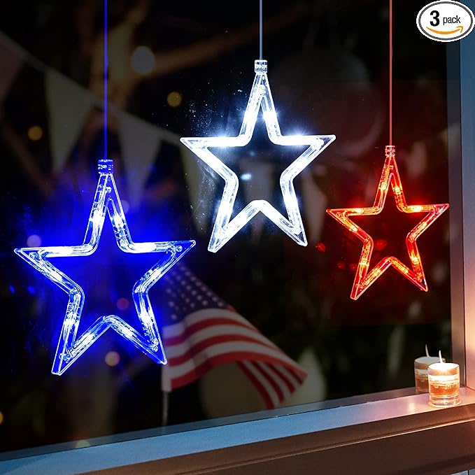 4th of July Decorations, 3 Pack Red White Blue Window Lights with Timer Function Slow Fade Mode, Battery Operated Indoor Star Window Lights for Fourth of July, Independence Day Patriotic Decor