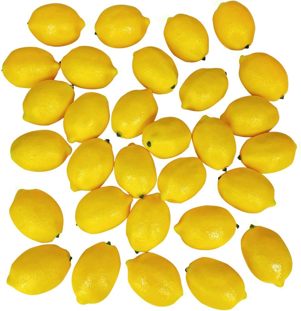 30 Pack Faux Yellow Lemons Artificial Fruits Fake Lemons Lifelike Simulation for Lemonade Party Kitchen Table Summer Decorations Vase Fillers Fruit Bowl Lemon Wreath Garland Photography Props