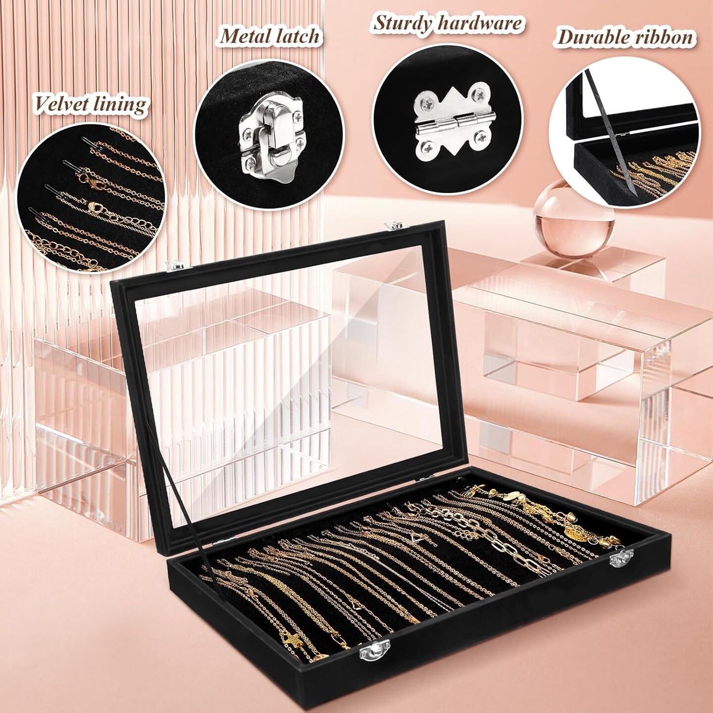 2-Piece 100-Slot Ring Organizer Box with Transparent Glass Lid & Necklace Display Tray – Velvet Jewelry Holder for Rings, Earrings, Necklaces (Black)