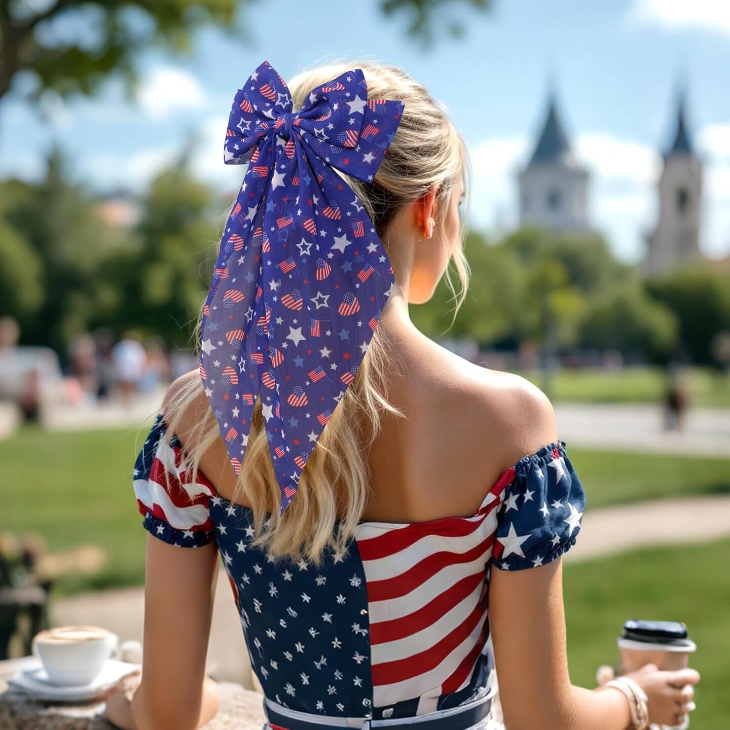 4th of July American Flag Hair Bows for Women, 3PCS Big Ribbon Bow Hair Clips for Girls, Patriotic Long Tail Accessories for Girls