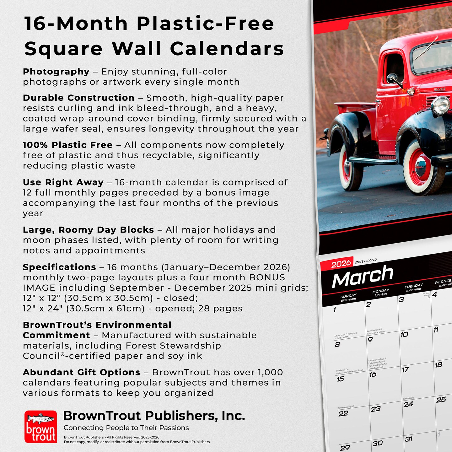 Classic Dodge Pickups OFFICIAL | 2026 12 x 24 Inch (Hanging) Monthly Square Wall Calendar | Foil Stamped Cover | Plastic-Free | BrownTrout | Truck Motor