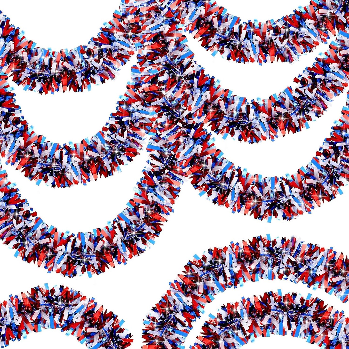 50FT 4th of July Garland Red White and Blue Patriotic Tinsel Garland for Indoor Outdoor Party Celebration Holiday Red White and Blue Memorial Day Independence Day 4th of July Decorations