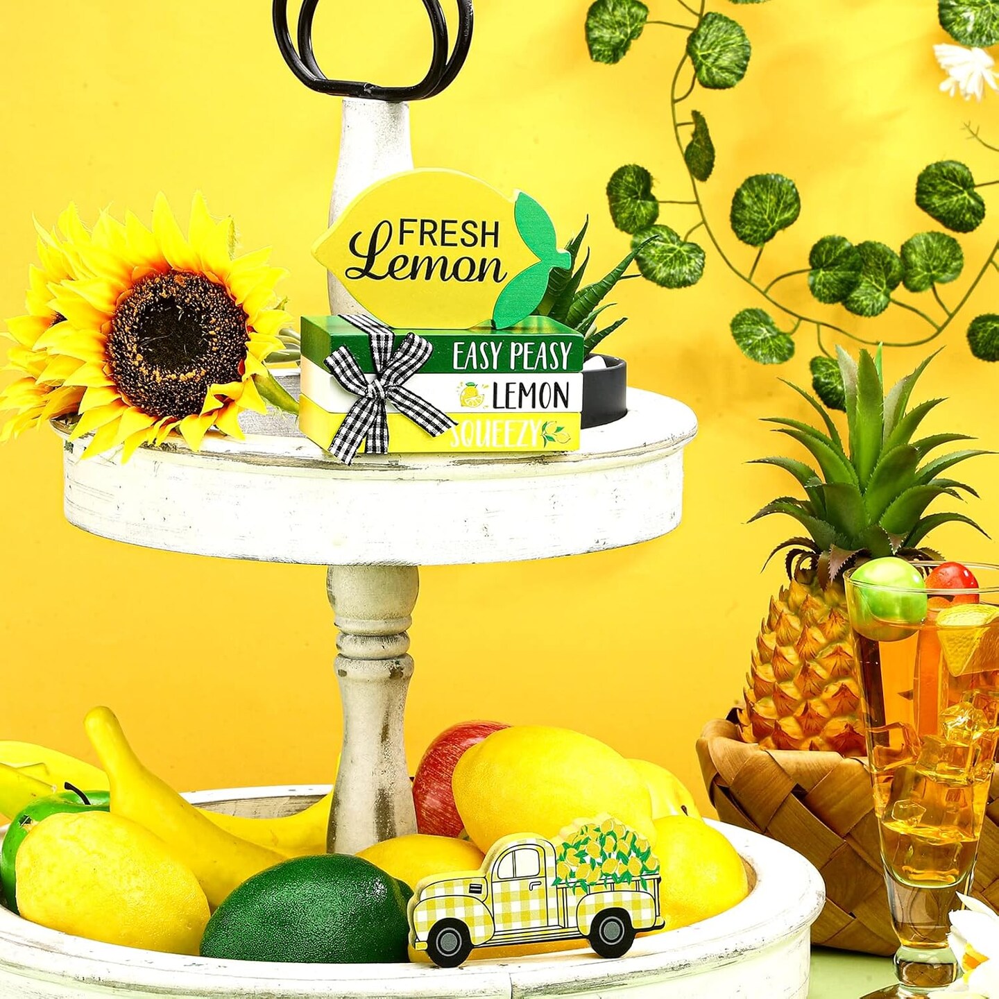 5-Piece Summer Lemon Table Decor Set – Mini Wooden Book Stack with Twine & Wood Truck Sign for Kitchen, Shelf, Tabletop, and Tiered Tray Centerpieces