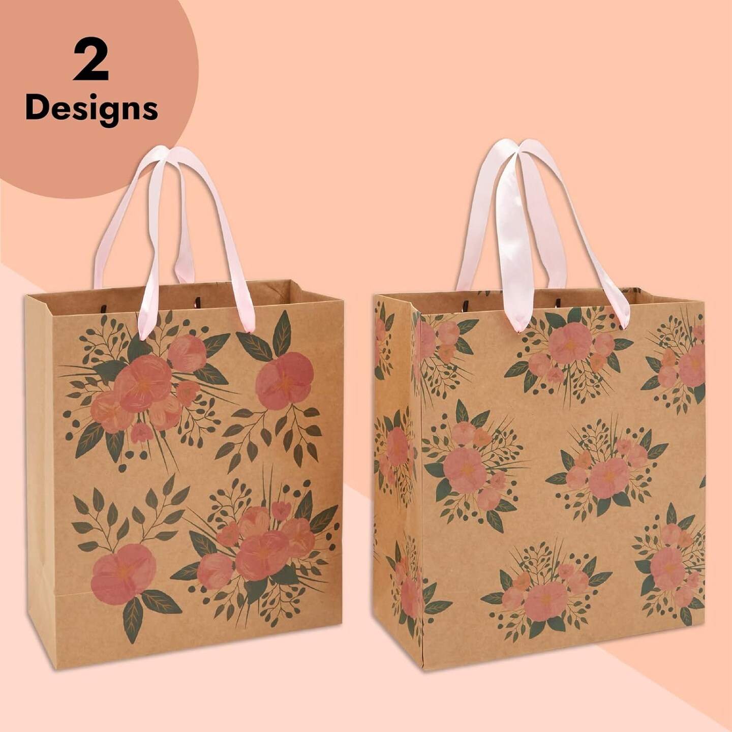 24 Pack Kraft Paper Floral Gift Bags with Pink Ribbon Handles - 2 Designs, For Themed Party Favors, Mother's Day, Weddings, Birthdays - 8x4x9 Inches Gift Bags With Handles