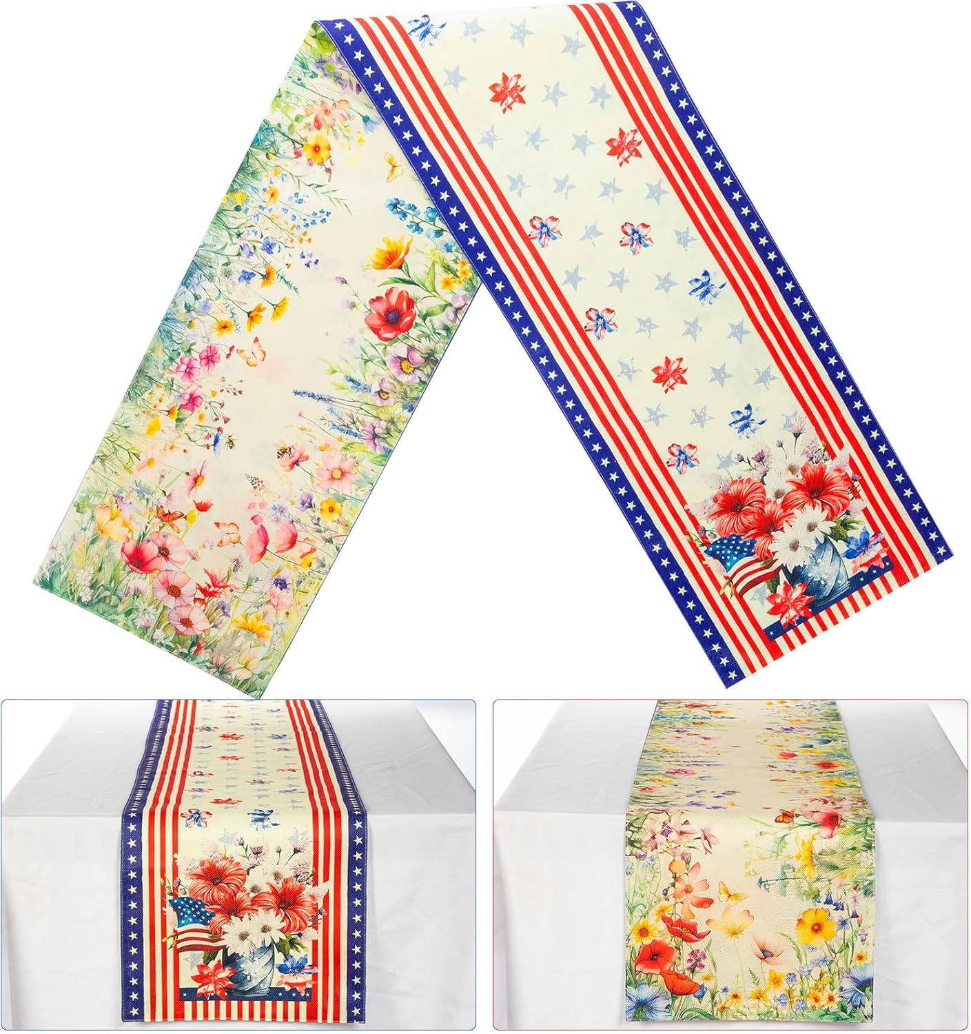 4th of July Table Runner Summer Linen Floral Table Decorations Patriotic Memorial Day Decorations Reversible Double-Sided Different Theme Holiday Kitchen Dining Home Decor(13 x 72 Inch)