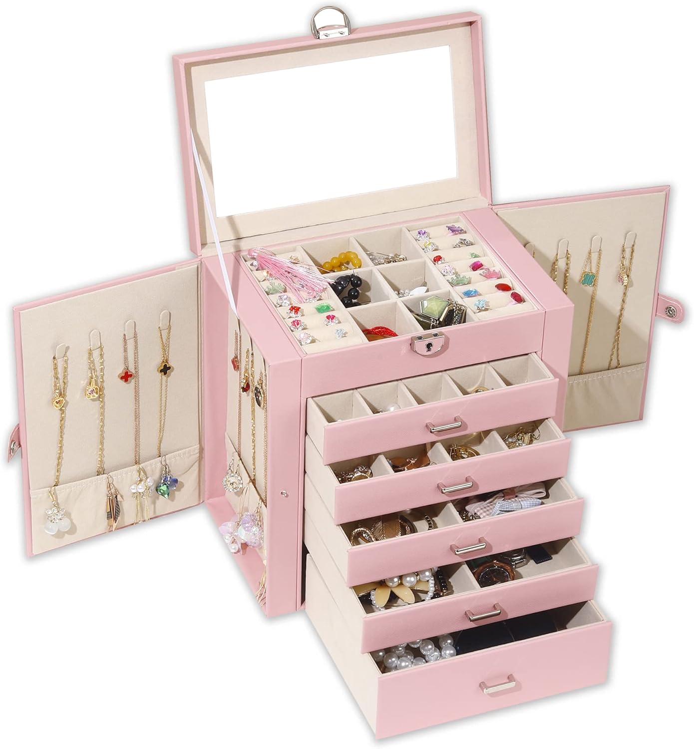 Jewelry Box For women, 6 Layer Large Jewelry Organizer With Mirror, Multi-Function Storage Box With Lock, Accessory Holder With 5 Drawers, For Earrings Necklace Ring Bracelet (Pink)
