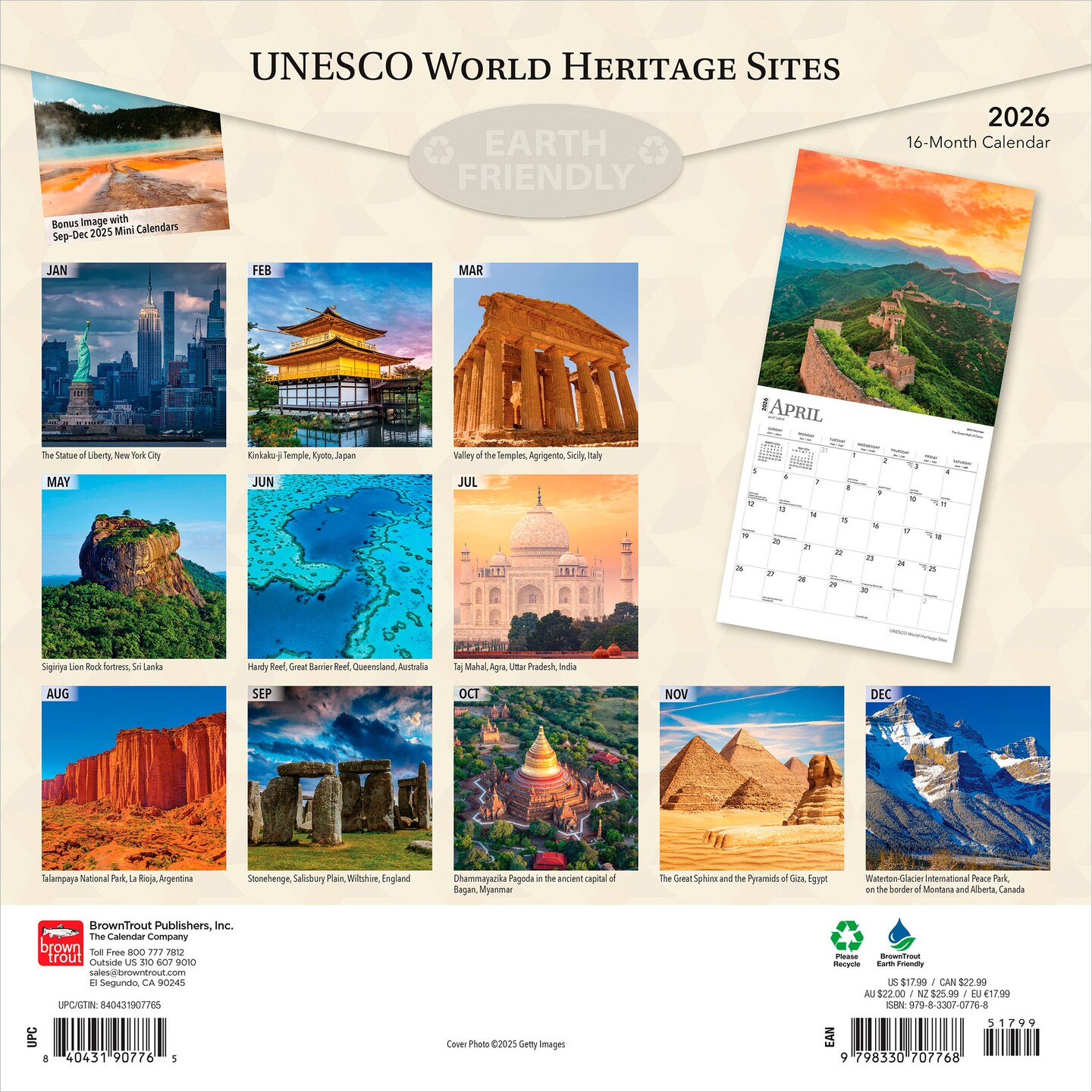 UNESCO World Heritage Sites | 2026 12 x 24 Inch (Hanging) Monthly Square Wall Calendar | Foil Stamped Cover | Plastic-Free | BrownTrout | Landmarks Conservation Historical