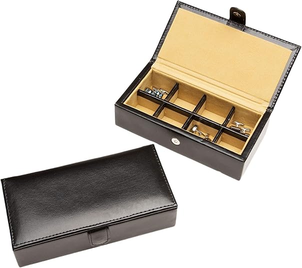 Leather Travel Cufflinks and Rings Storage Box Case for 8 Pairs - Cufflinks Holder Display Jewelry Case - 6 1/4&#x22; x 1&#x22; x 3&#x22; - Storage Cuff Links Jewelry Box with White Outerbox