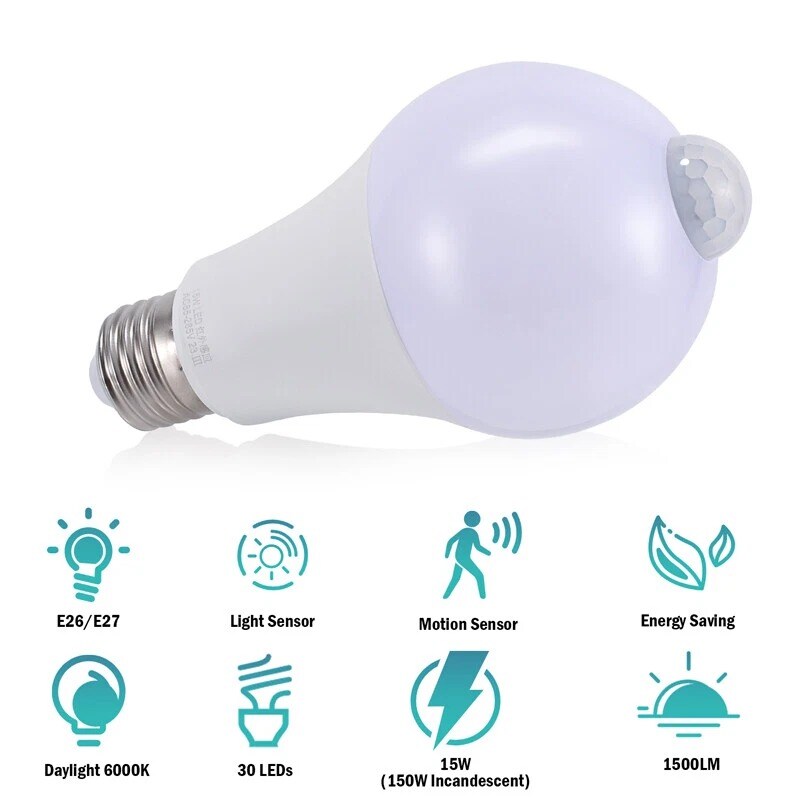 LED Light Bulb 90W Equivalent Motion Sensor Lamp Dusk to Dawn w/ Socket