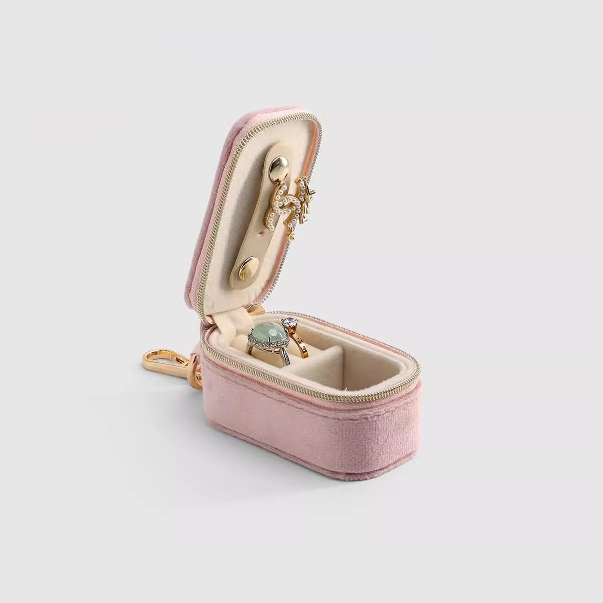 Velvet Mini Travel Jewelry Case - 2-in-1 Ring Holder Keychain Organizer, Portable Clutch for Earrings/Necklace, Wedding Party & Vacation Daily Storage Bag Gift for Women (Pink)