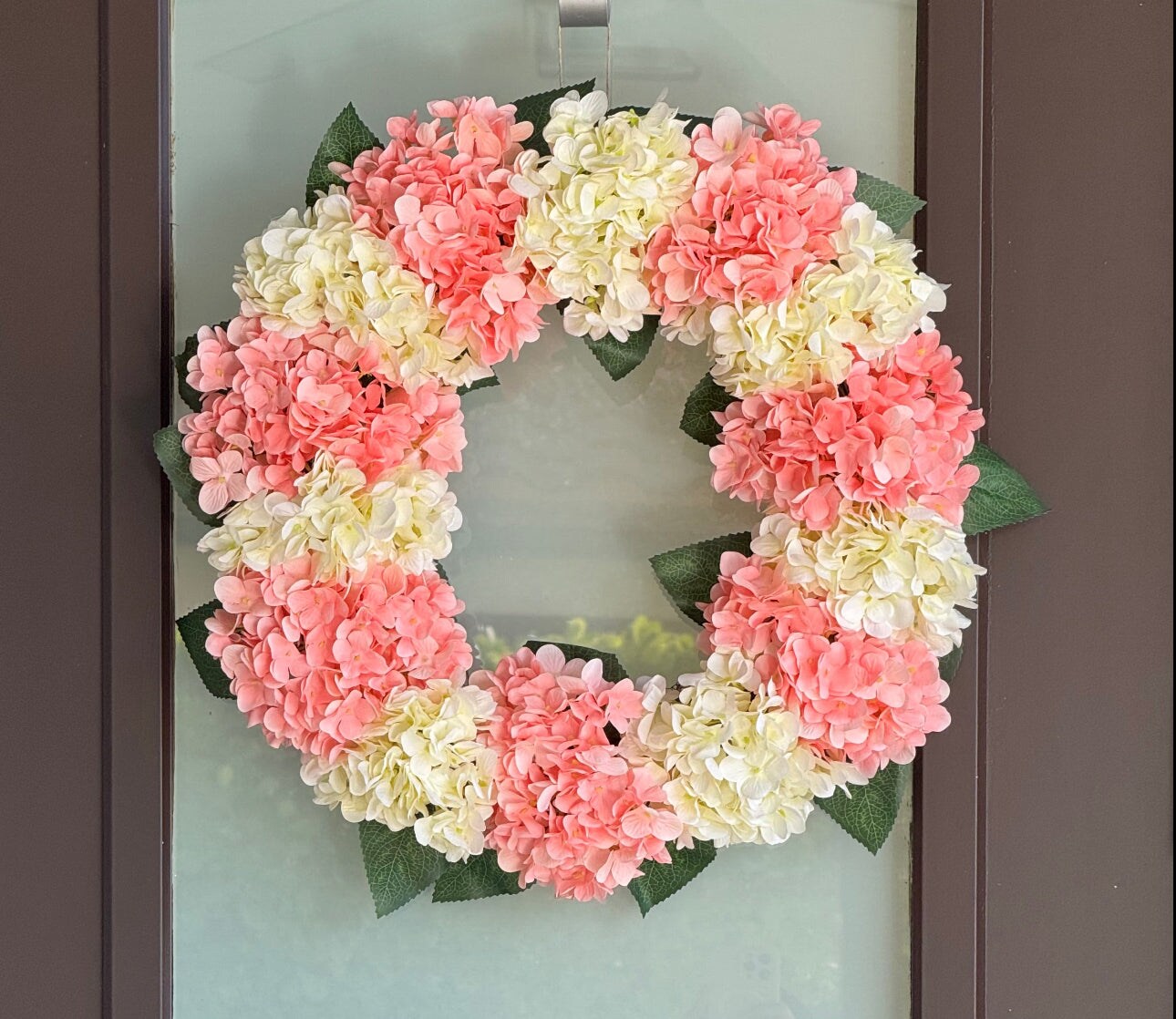 Capri Peach Pink Cream White Hydrangea Wreath, 21 In All Season UV Resistant Spring Wreath