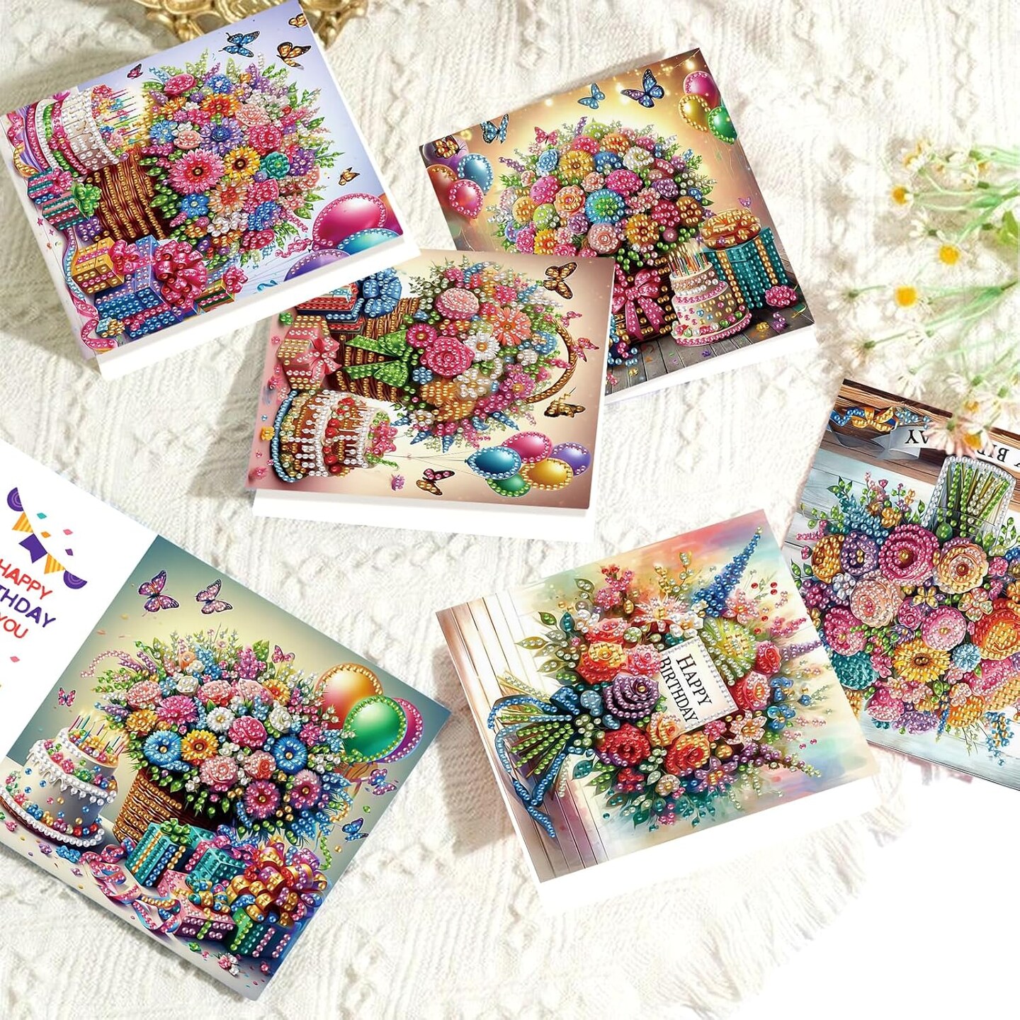 6-Piece Diamond Art Greeting Cards Set - Flower Basket & Butterfly Designs, 5D DIY Special Shape Diamond Cards, Creative Gifts for Christmas, Thanksgiving & Congratulations