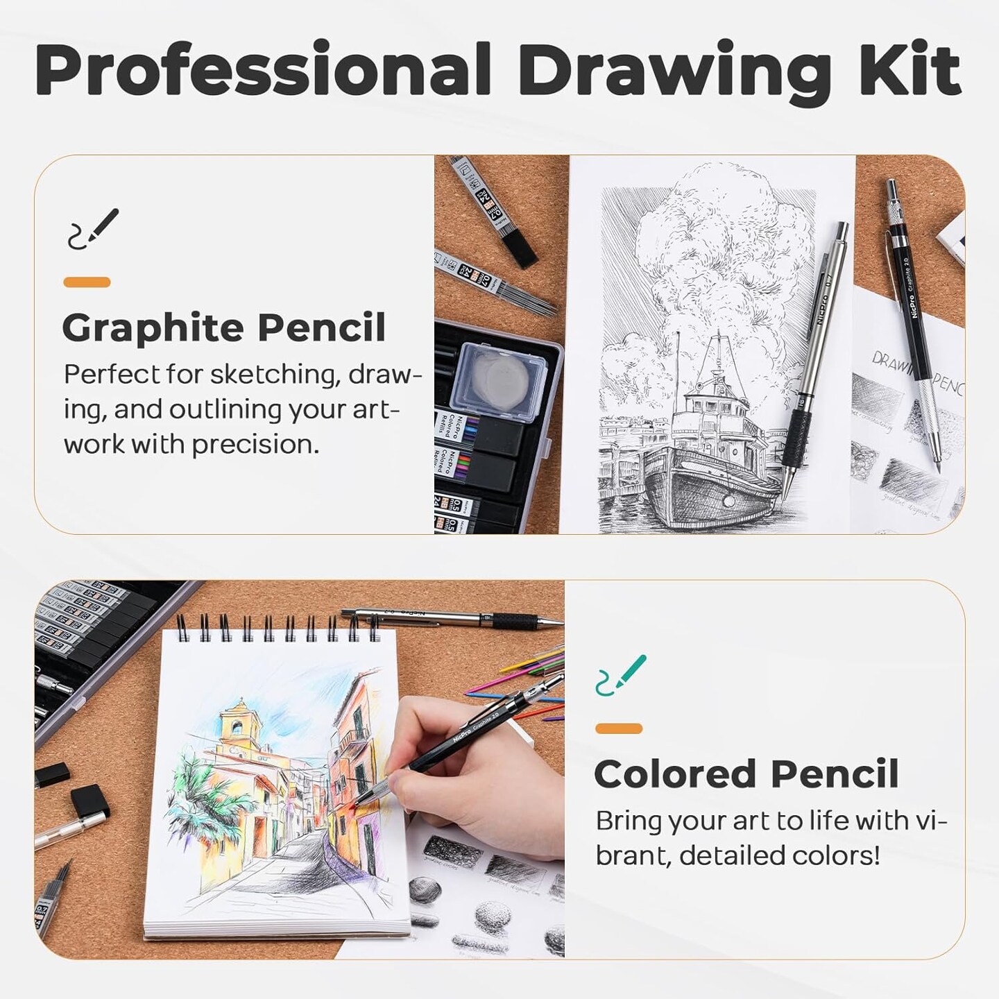 Art Drawing Supplies Kit, Art Mechanical Pencil Set with 6 Metal Drafting Pencil 0.5 &#x26; 0.7 &#x26; 0.9 &#x26; 2mm, 100 Sheets 9 x 12&#x27;&#x27; Sketch Book, 20 Tube Lead Refills for Sketching