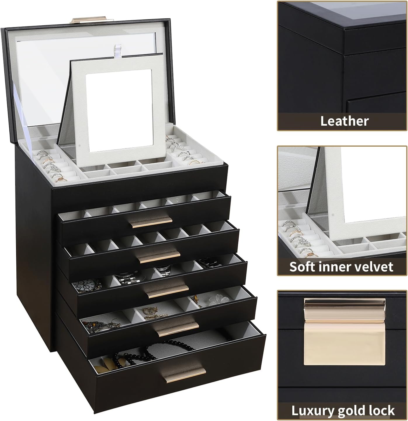 Jewelry Boxes for Women, White and Black 6 Layer Large Jewelry Box for Necklace, Bracelet, Earrings, Rings Storage, Jewelry holder Organizer for Girls Gift (Clear Black, 6 layer)