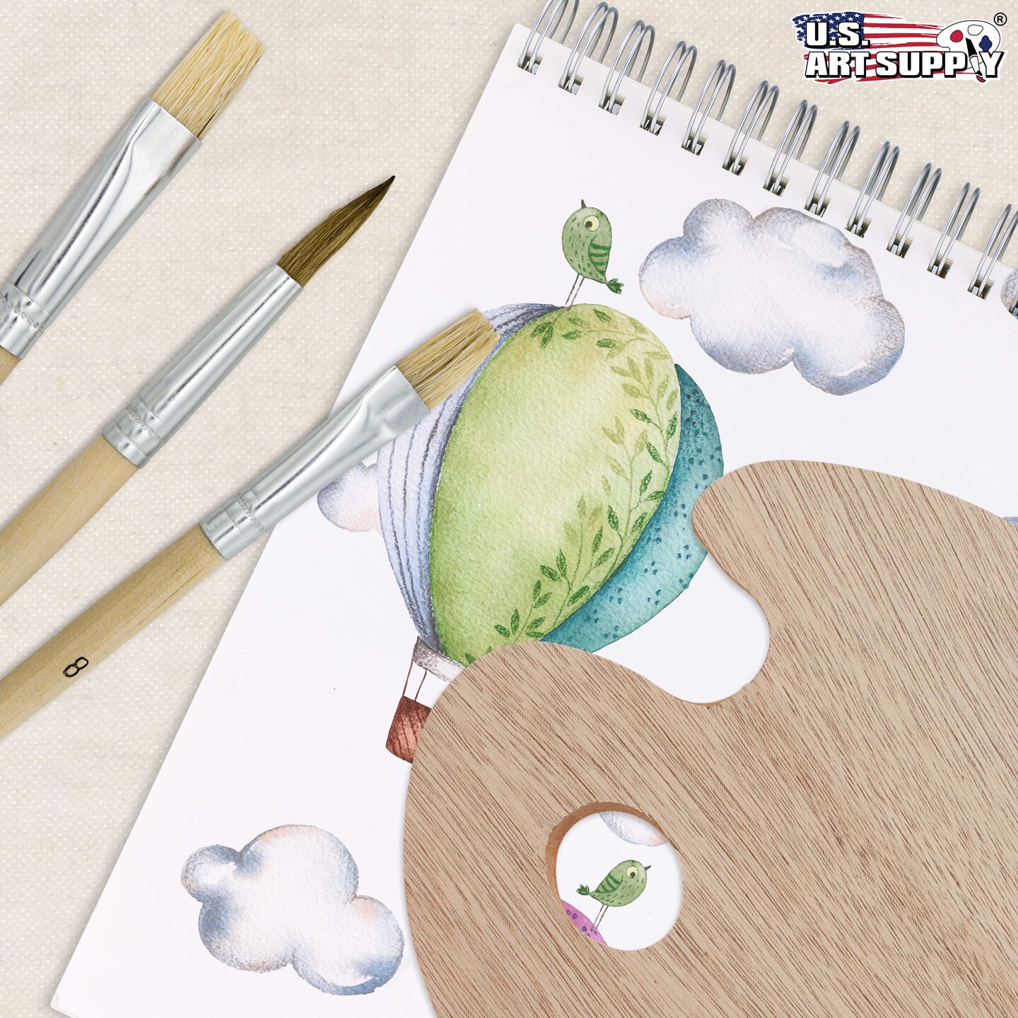 U.S. Art Supply 12-Piece Artist Paint Brush Set with 9&#x22; x 12&#x22; Wood Painting Palette - 12 Premium Round &#x26; Flat Bristle Paintbrushes - Fun Kids, Adults