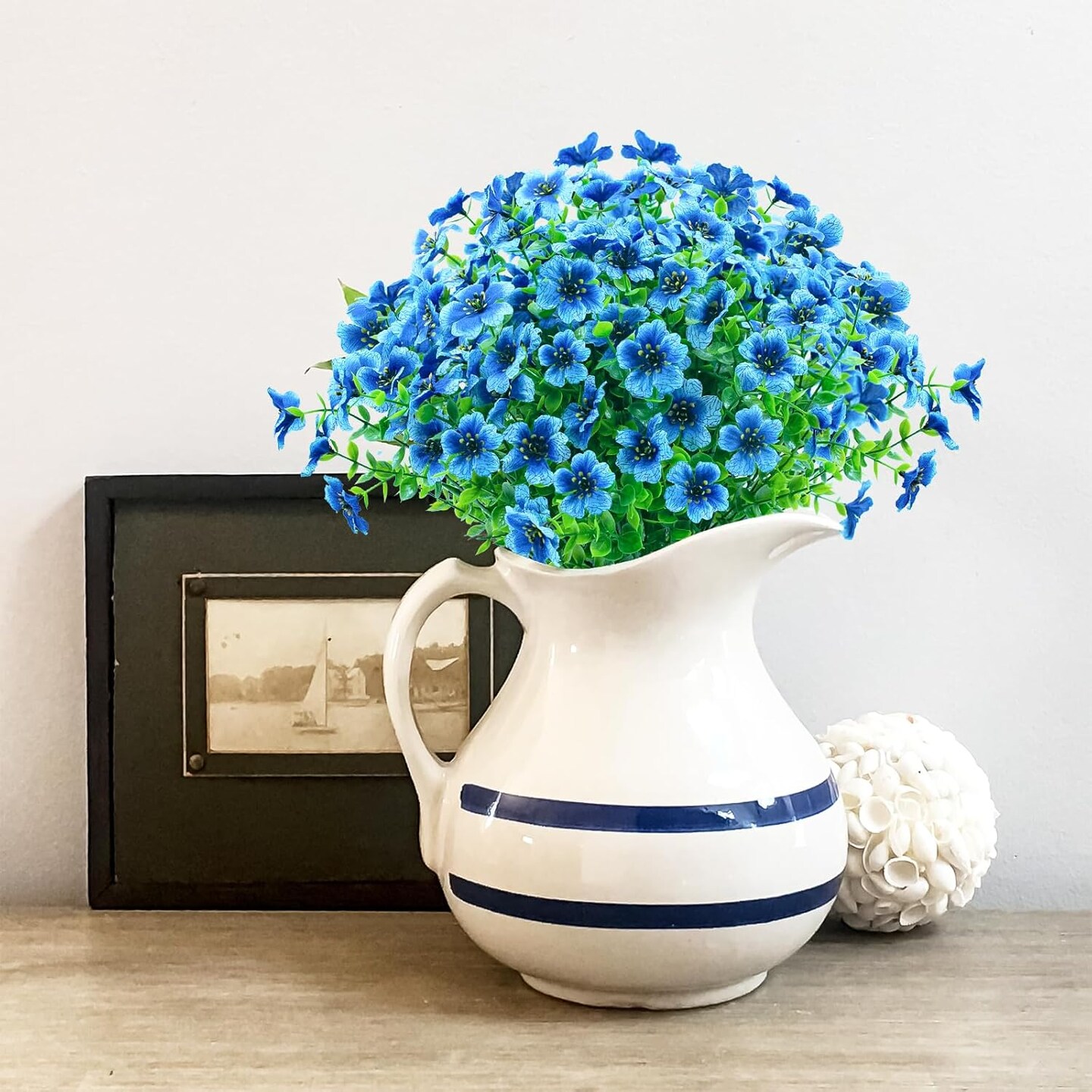 8-Bundle Artificial Outdoor Flowers – UV-Resistant Faux Plastic Plants for Garden, Porch, Window Boxes, and Home Decor (Blue)